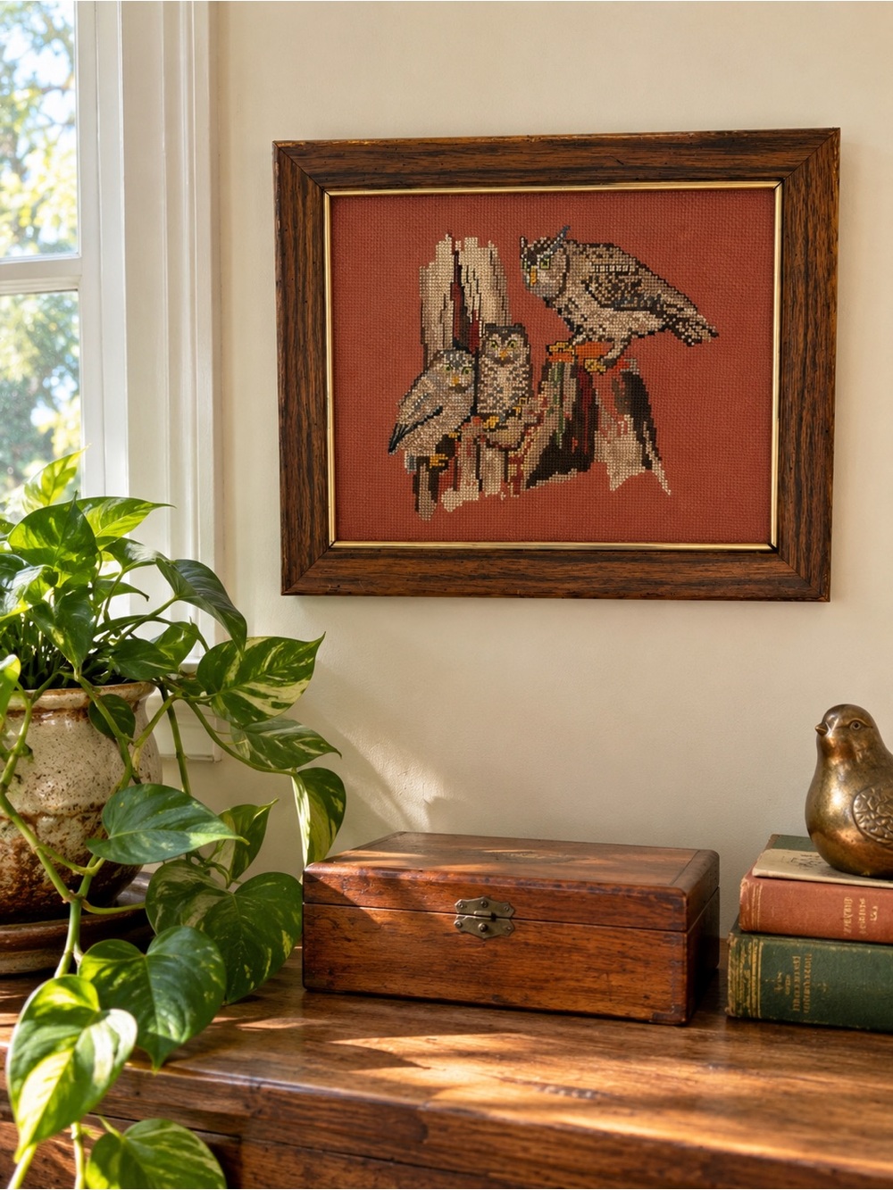 Vintage Owl Cross Stitch Frame Wall Art Cottagecore Needlepoint Decor boho 1970s